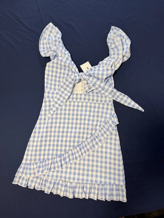 MABLE Light Blue and White Plaid Gingham Tie-Front Sundress - Picture 6 of 7